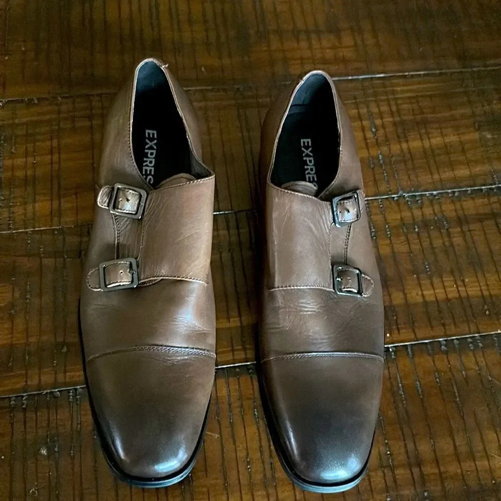 Men’s Express brown leather monk strap dress shoes sz 10 nwt